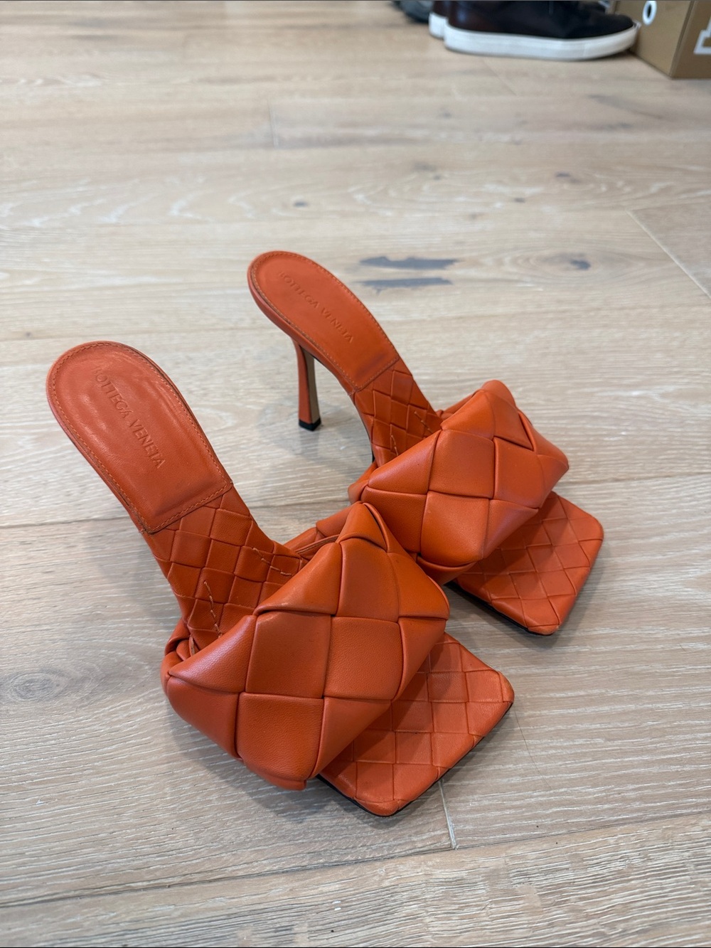 Bottega Veneta Orange Padded Intrecciato Leather Slide Heels